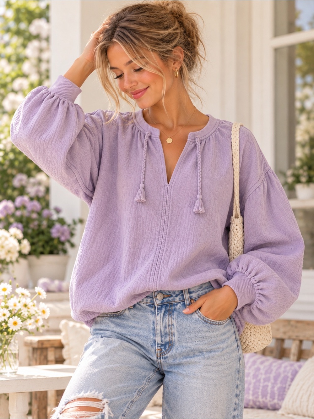 Aerie Lavender Tassel Tie Puff Sleeve French Terry Sweatshirt S NWT
